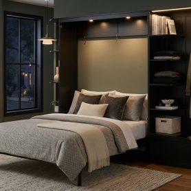 Queen Murphy Bed with Storage & Lights, Hidden Fold-Out Legs, Oak Veneer Finish, Built-in Shelves & Cabinets