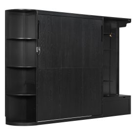 Queen Murphy Bed with Storage & Lights, Hidden Fold-Out Legs, Oak Veneer Finish, Built-in Shelves & Cabinets