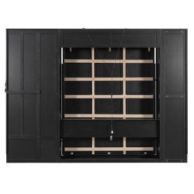 Queen Murphy Bed with Storage & Lights, Hidden Fold-Out Legs, Oak Veneer Finish, Built-in Shelves & Cabinets