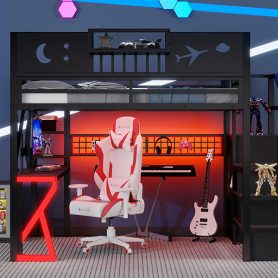 Metal Full Size Loft Bed With Stairs, High Guardrails And Beside Storage Shelf