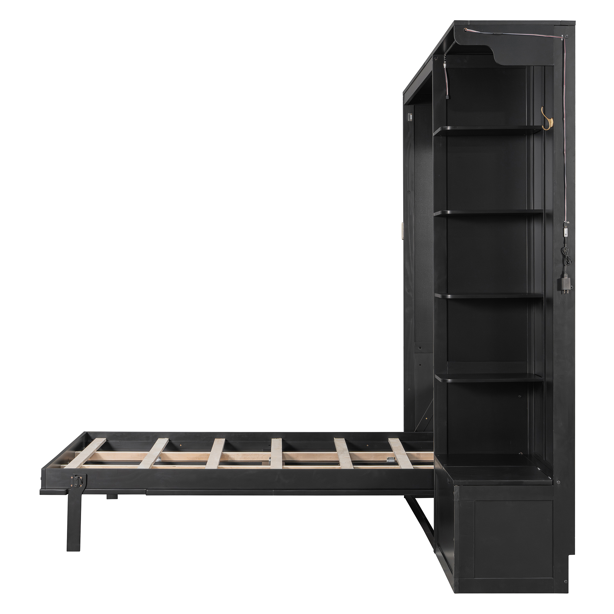 Queen Murphy Bed with Storage & Lights, Hidden Fold-Out Legs, Oak Veneer Finish, Built-in Shelves & Cabinets