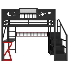 Metal Full Size Loft Bed With Stairs, High Guardrails And Beside Storage Shelf