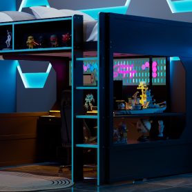 Full Size Gaming Loft Bed with Integrated Desk, Lights and Built-in Charging Station