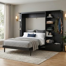 Queen Murphy Bed with Storage & Lights, Hidden Fold-Out Legs, Oak Veneer Finish, Built-in Shelves & Cabinets
