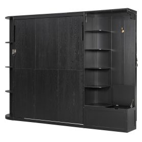 Queen Murphy Bed with Storage & Lights, Hidden Fold-Out Legs, Oak Veneer Finish, Built-in Shelves & Cabinets