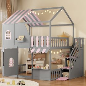 Full Over Full House Bunk Bed with Storage Staircase & Shelves