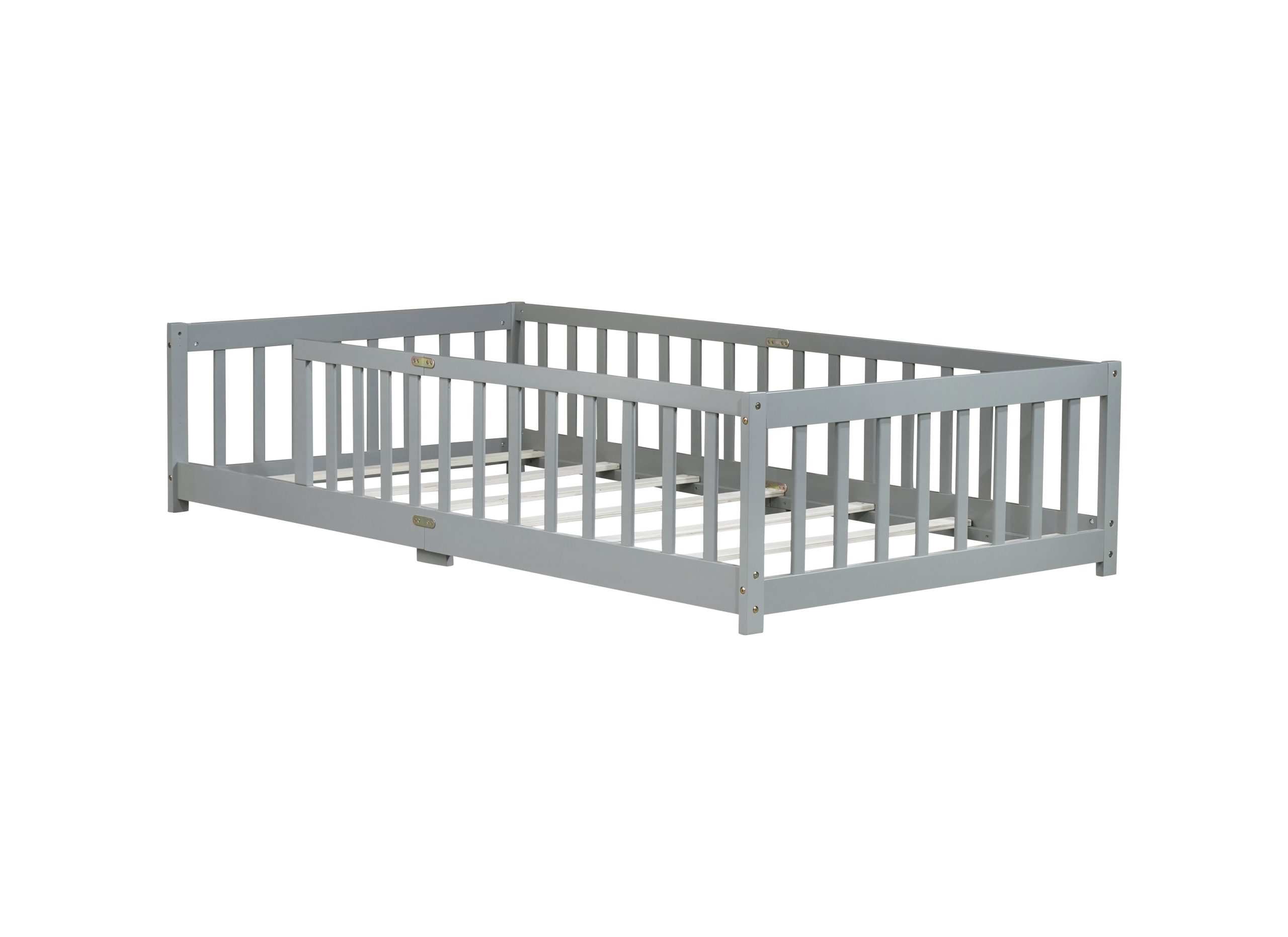 Rubber Wood Twin Size Floor Bed With Fence and Safety Guardrails