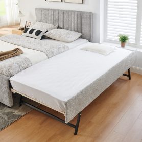 Queen Size Upholstered Bed with Vertical Channel Tufted Headboard & Nailhead Trim