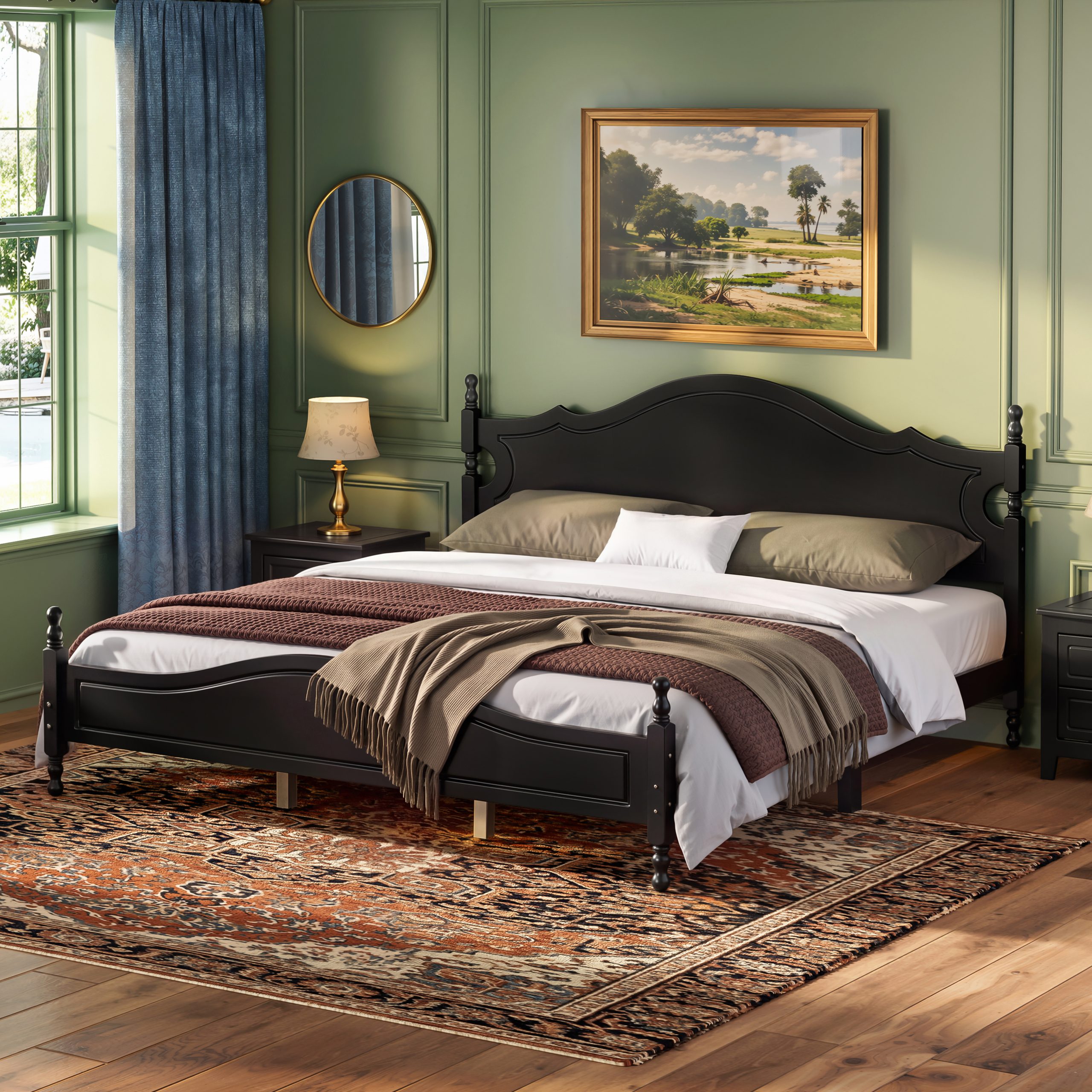 Retro Style Wooden Platform Bed with Wood Slats Support