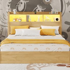 Wood Queen Bed with Drawers, Headboard And Pull Out Storage Cabinet