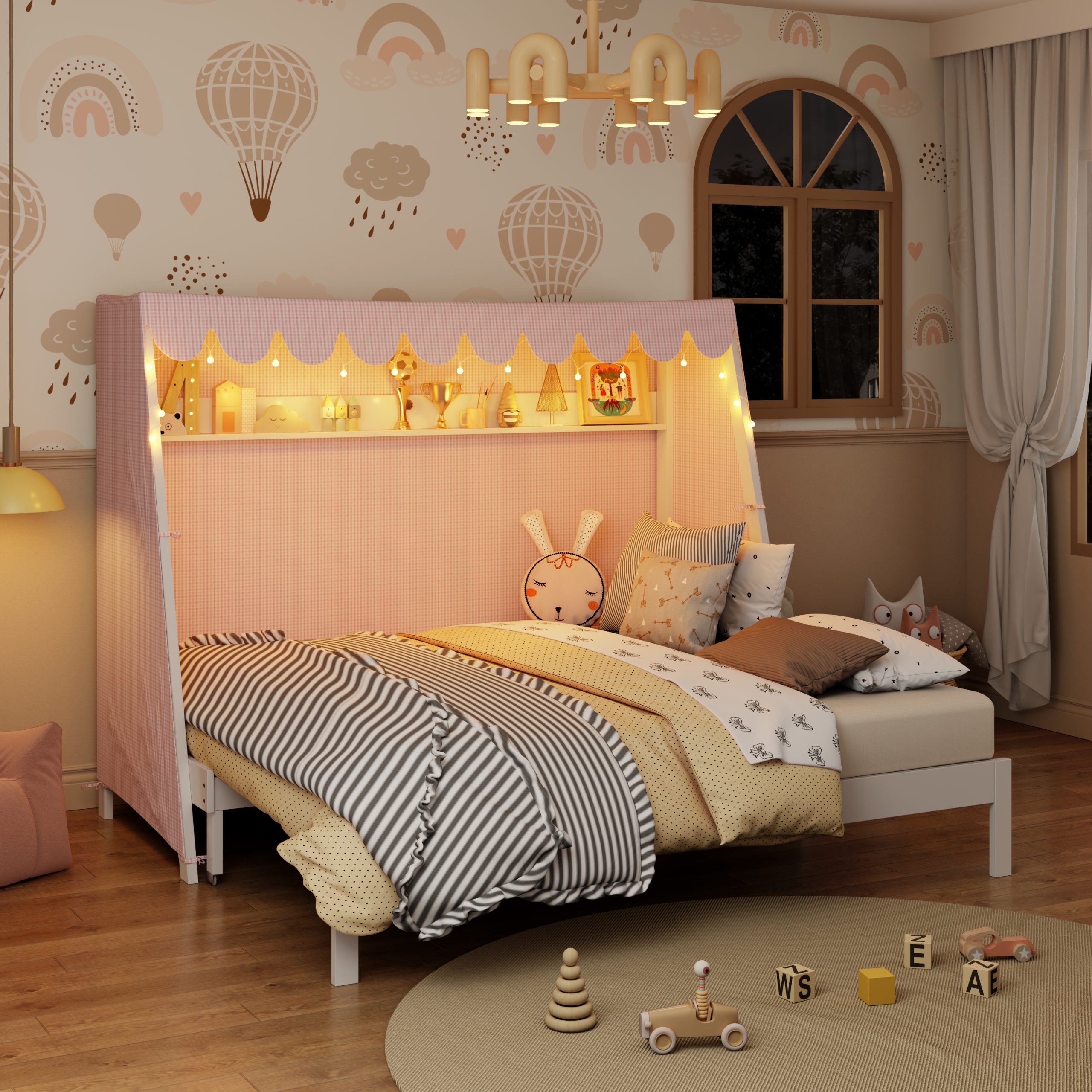 Twin XL House Bed with Twin XL Trundle, Shelf, Tent and Light