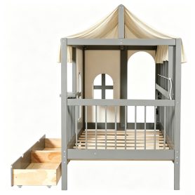 Twin Size House Bed with 2 Large Drawers, Side Bookshelf with LED Strip