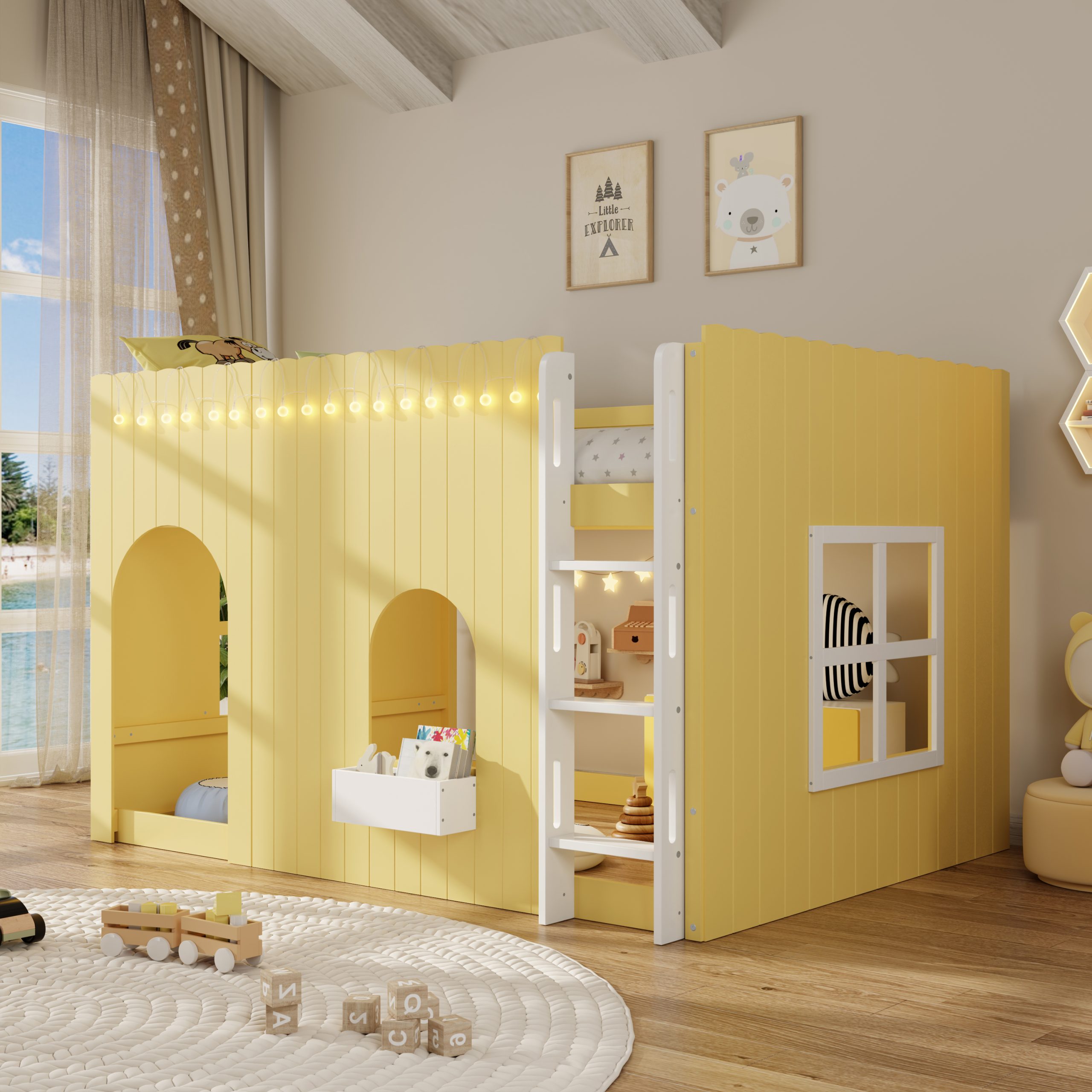 Full Size Kids Loft Bed With Warm LED Light String