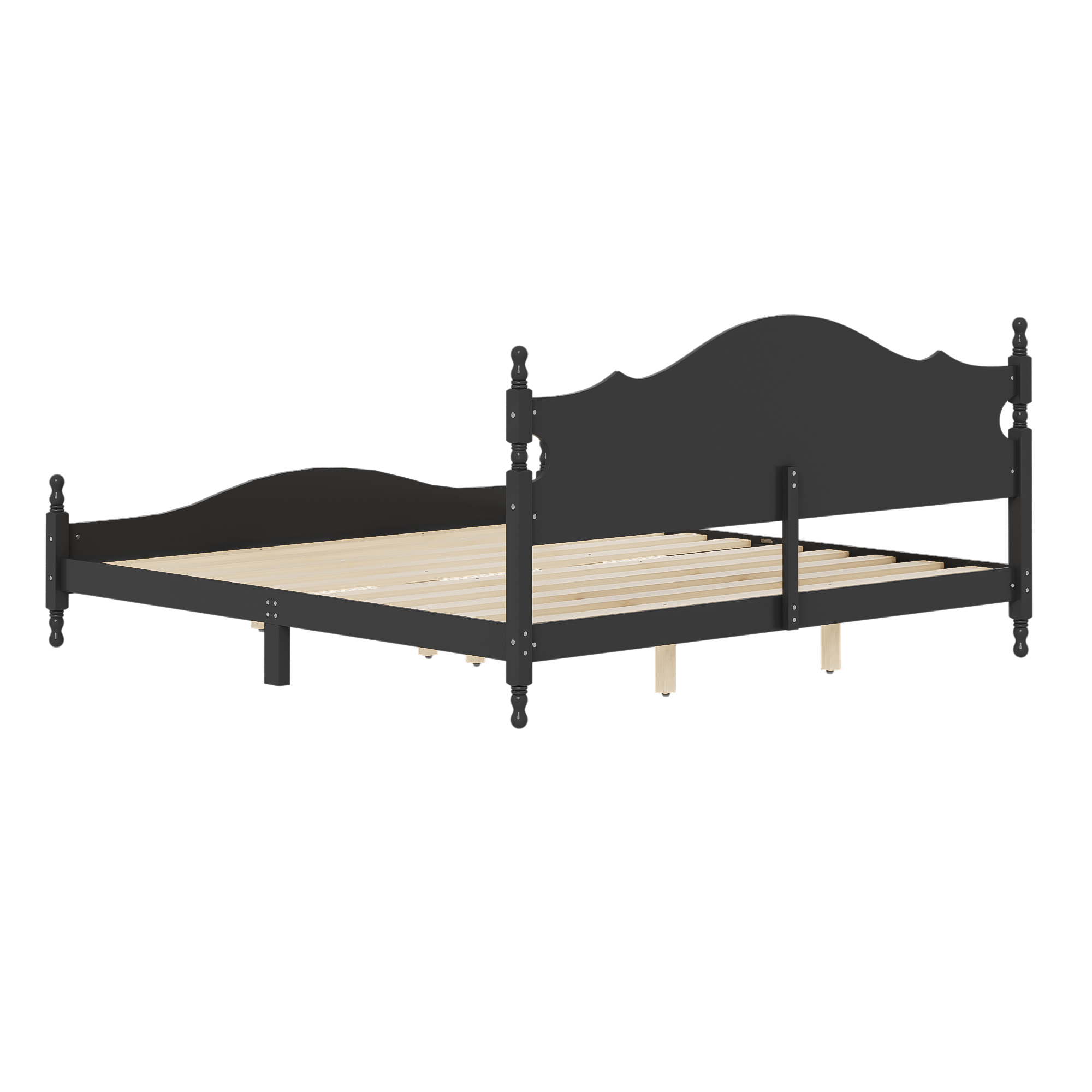 Retro Style Wooden Platform Bed with Wood Slats Support