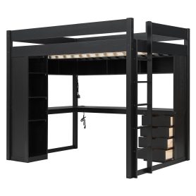 Full Size Solid Wood Loft Bed with L-Shaped Desk and 4 Drawers