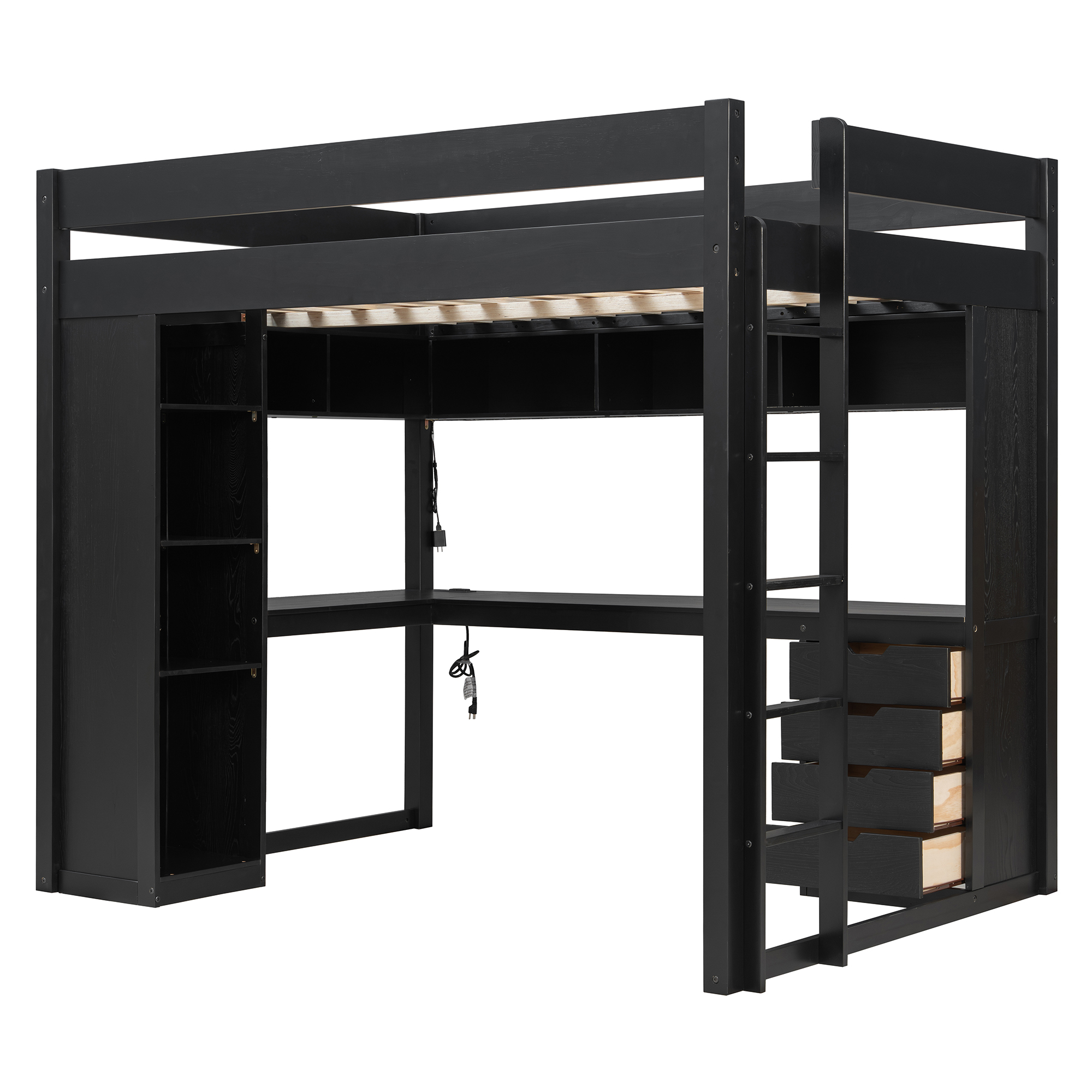 Full Size Solid Wood Loft Bed with L-Shaped Desk and 4 Drawers