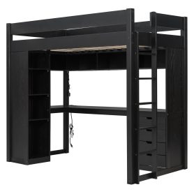 Twin Size Solid Wood Loft Bed with L-Shaped Desk and 4 Drawers
