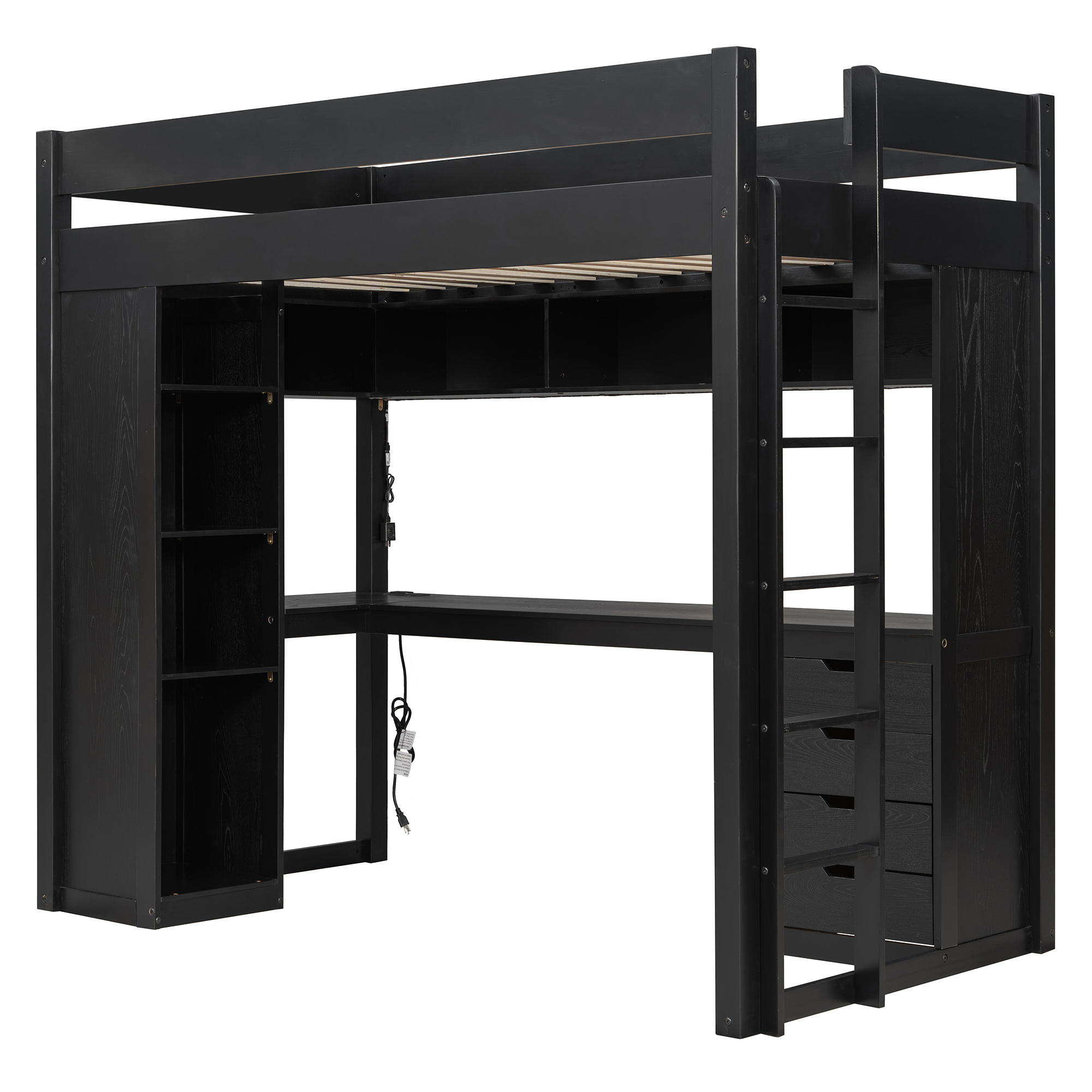Twin Size Solid Wood Loft Bed with L-Shaped Desk and 4 Drawers