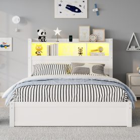 Wood Full Bed with Drawers, Headboard And Pull Out Storage Cabinet