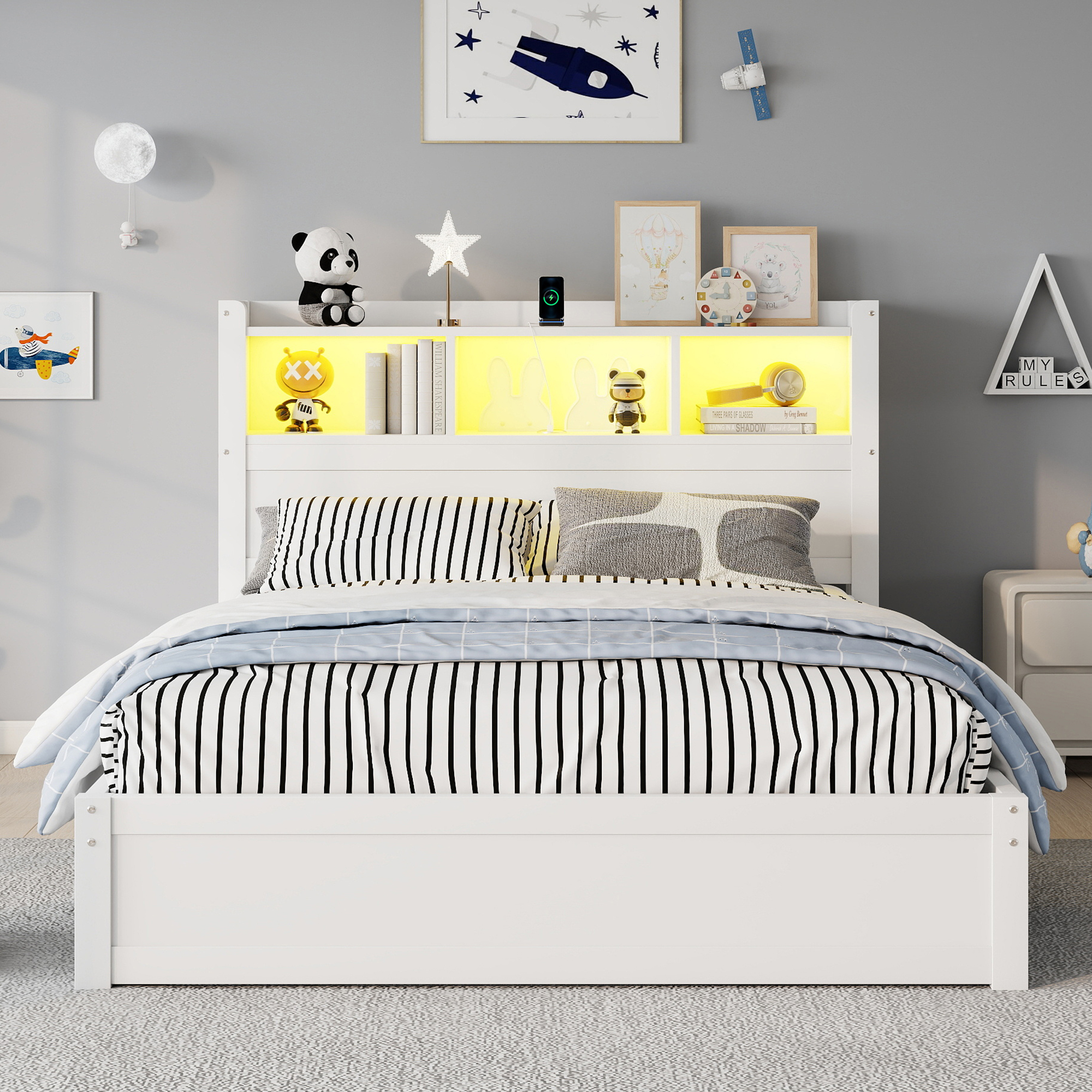 Wood Full Bed with Drawers, Headboard And Pull Out Storage Cabinet