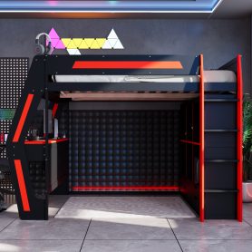 Full Size Gaming Loft Bed with Integrated Desk, Smart RGB LED Lights and USB Ports