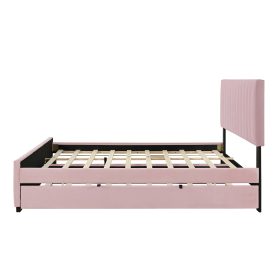 Queen Size Velvet Upholstered Platform Bed with Twin XL Size Trundle