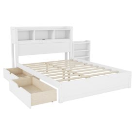 Wood Full Bed with Drawers, Headboard And Pull Out Storage Cabinet