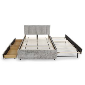 Queen Size Upholstered Bed with Vertical Channel Tufted Headboard & Nailhead Trim