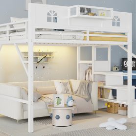 Metal Queen Loft Bed With High And House Shaped Guardrails, Stairs and Wardrobe