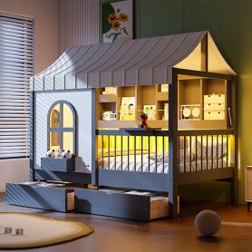 Twin Size House Bed with 2 Large Drawers, Side Bookshelf with LED Strip