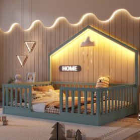 House Shape Full Floor Bed with High Rails and Light