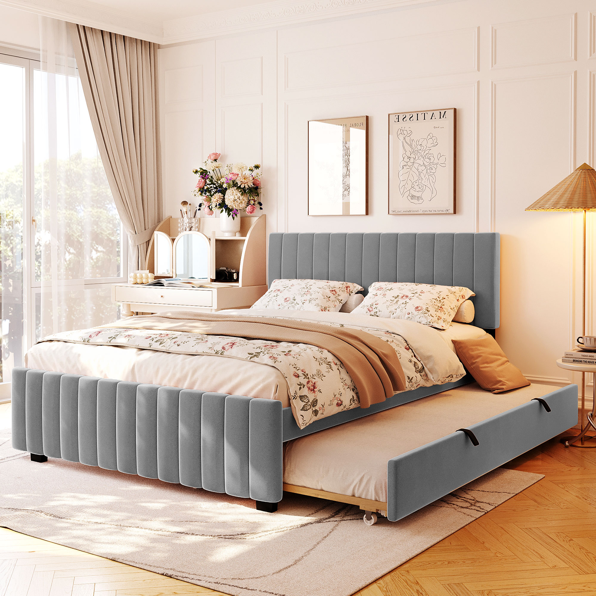 Queen Size Velvet Upholstered Platform Bed with Twin XL Size Trundle