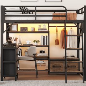Metal Full Size Loft Bed With Desk, Light, Storage Shelves, Wardrobe And Drawers