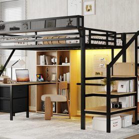 Full Size Loft Bed With Desk, Charging Station, 7 Open Storage Spaces And LED Lighting