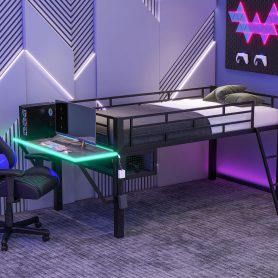 Twin Gaming Mid Loft Bed With Desk and LED Light
