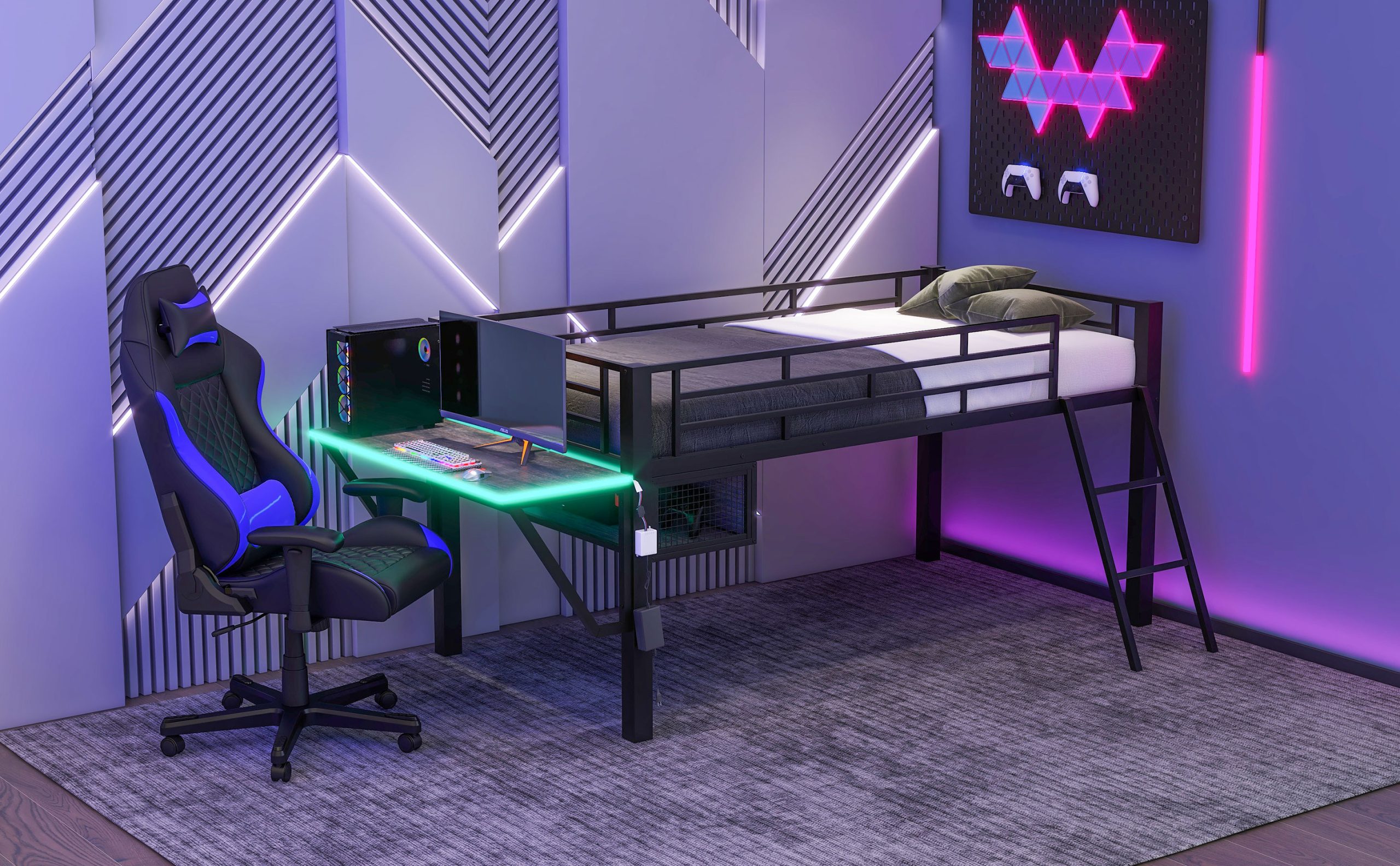 Twin Gaming Mid Loft Bed With Desk and LED Light