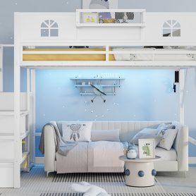 Metal Queen Loft Bed With High And House Shaped Guardrails, Stairs and Wardrobe