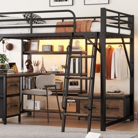 Metal Full Size Loft Bed With Desk, Light, Storage Shelves, Wardrobe And Drawers