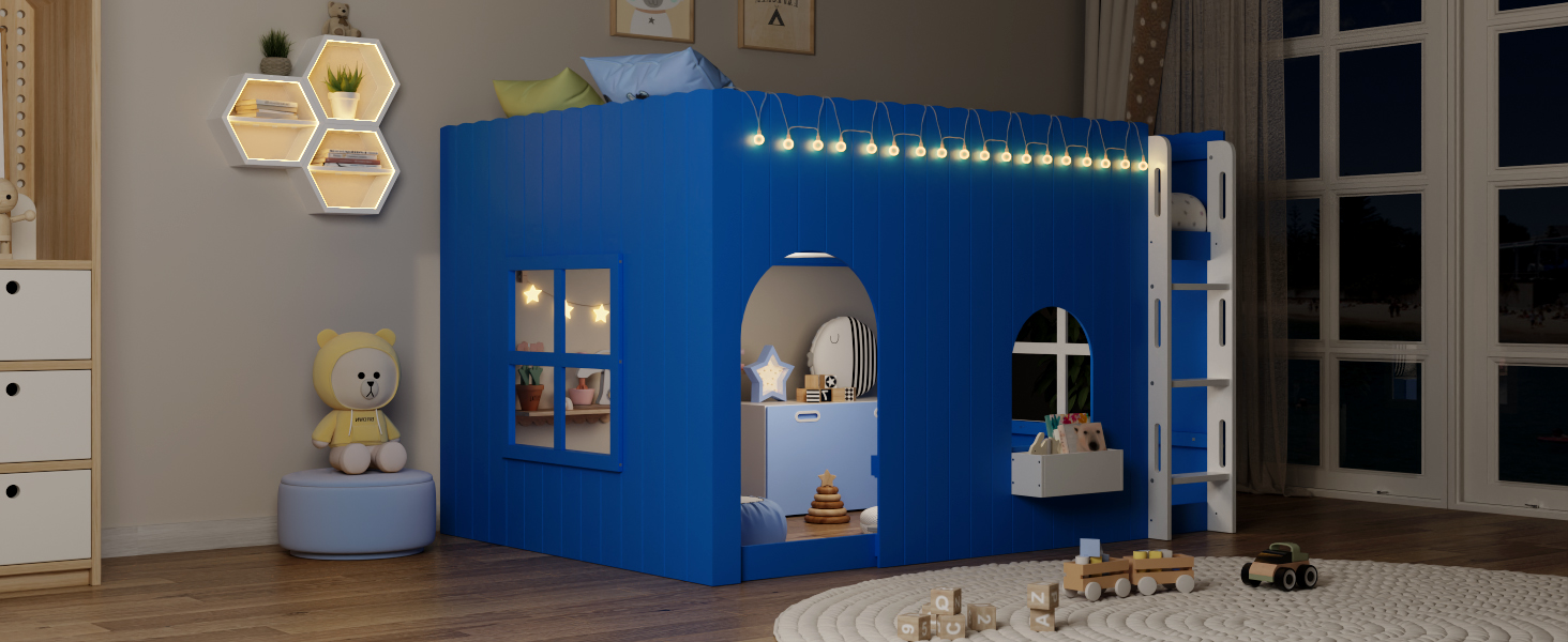 Full Size Kids Loft Bed With Warm LED Light String 18 Full Size Kids Loft Bed With Warm LED Light String
