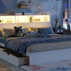 Wood King Bed with Drawers, Headboard And Pull Out Storage Cabinet