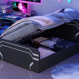 Queen Size Upholstered Gaming Bed with Side-Lift Hydraulic Storage System