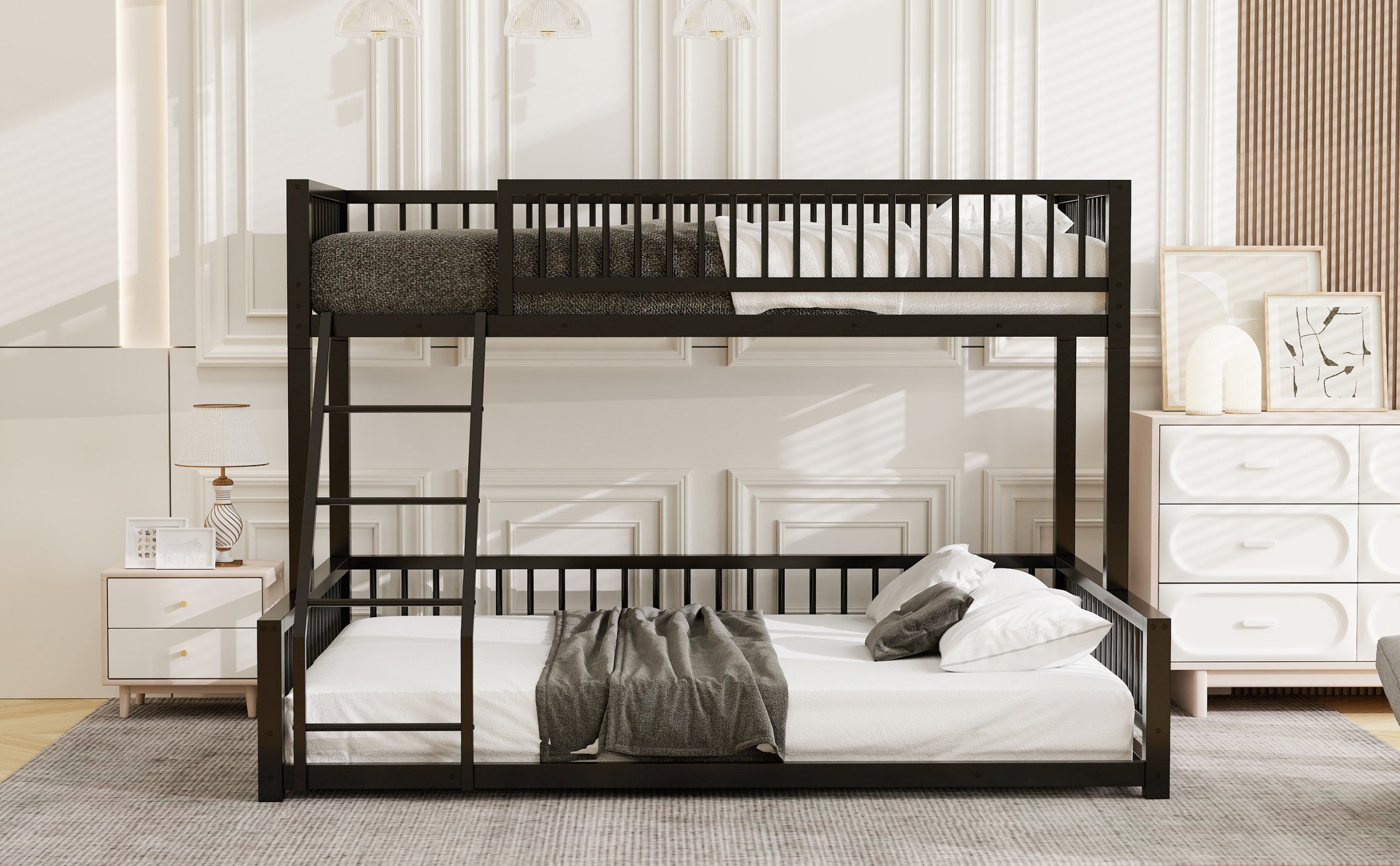 Twin XL over Queen Floor Bunk Bed with Ladder and Safety Guardrails