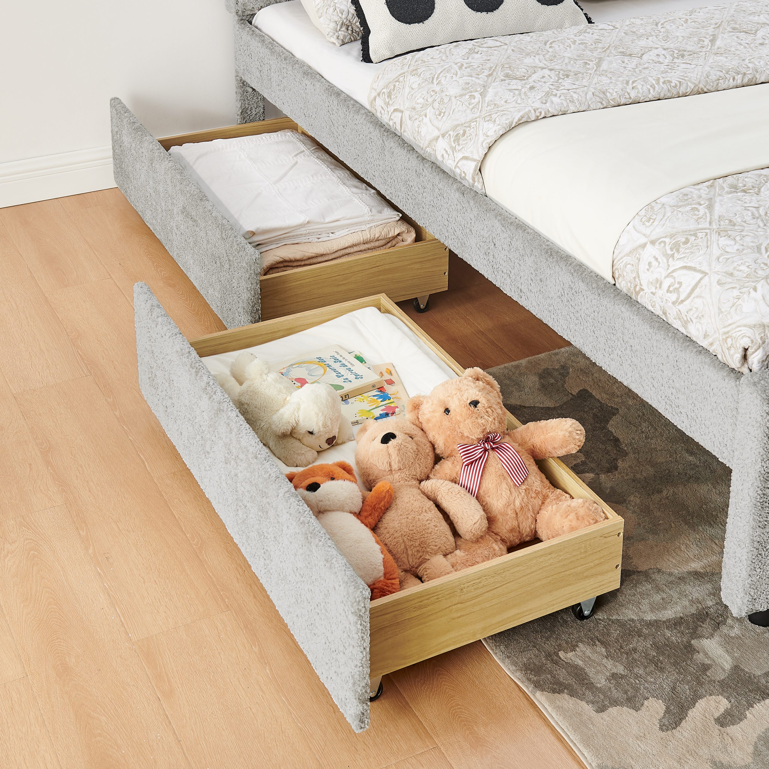 Queen Size Upholstered Bed with Vertical Channel Tufted Headboard & Nailhead Trim