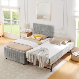 Twin Size Upholstered Bed with Vertical Channel Tufted Headboard & Nailhead Trim