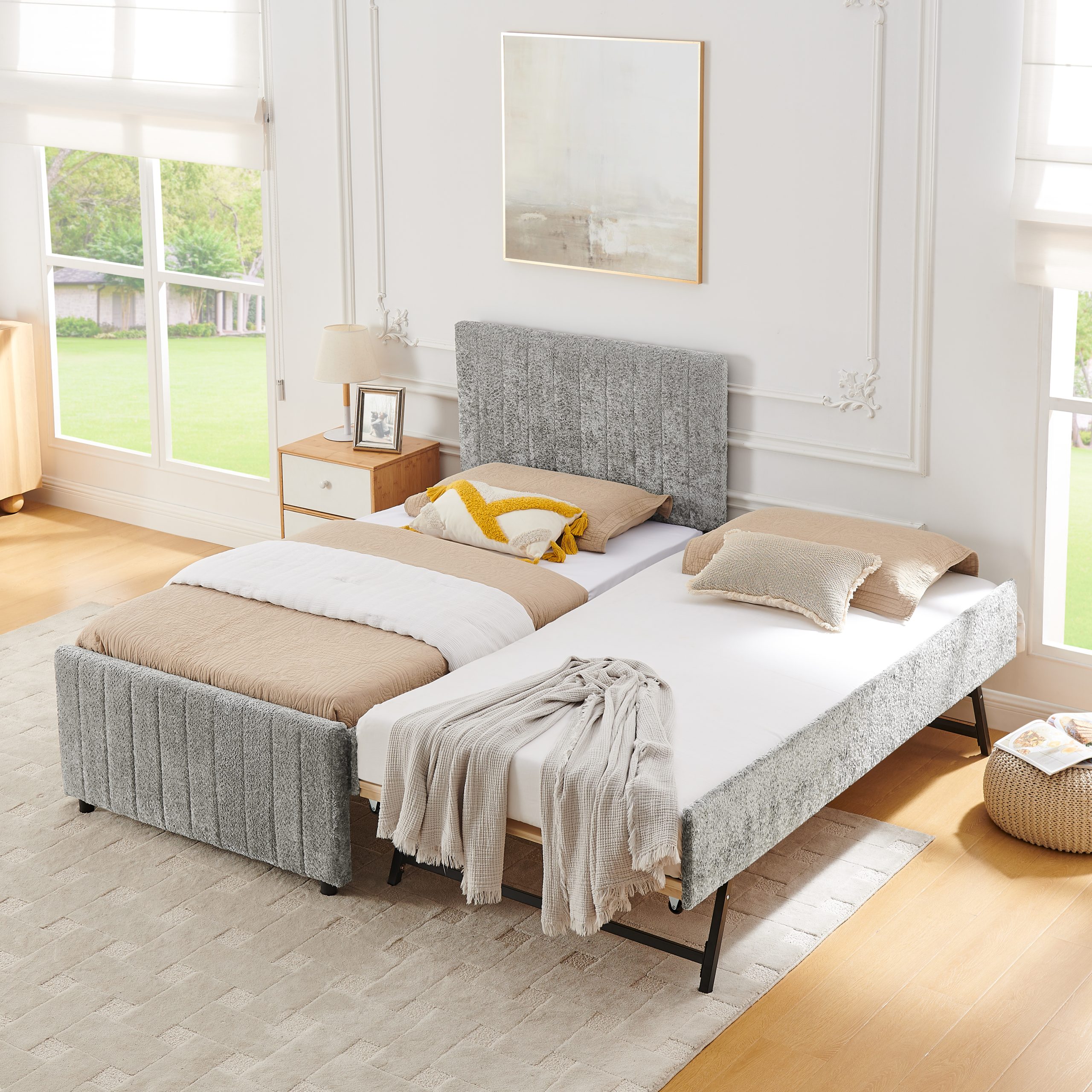 Twin Size Upholstered Bed with Vertical Channel Tufted Headboard & Nailhead Trim