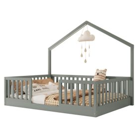 House Shape Full Floor Bed with High Rails and Light