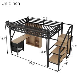 Full Size Loft Bed With Desk, Charging Station, 7 Open Storage Spaces And LED Lighting