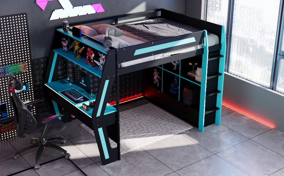 Full Size Gaming Loft Bed with Integrated Desk, Smart RGB LED Lights and USB Ports