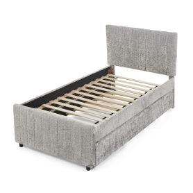 Twin Size Upholstered Bed with Vertical Channel Tufted Headboard & Nailhead Trim