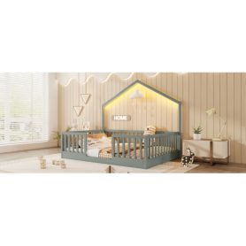 House Shape Full Floor Bed with High Rails and Light